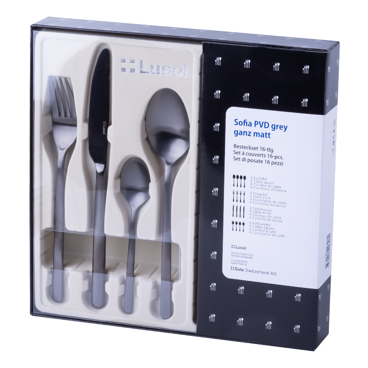 Set de couverts 16 pcs dans boîte souple small – Sofia PVD gris tout mat
