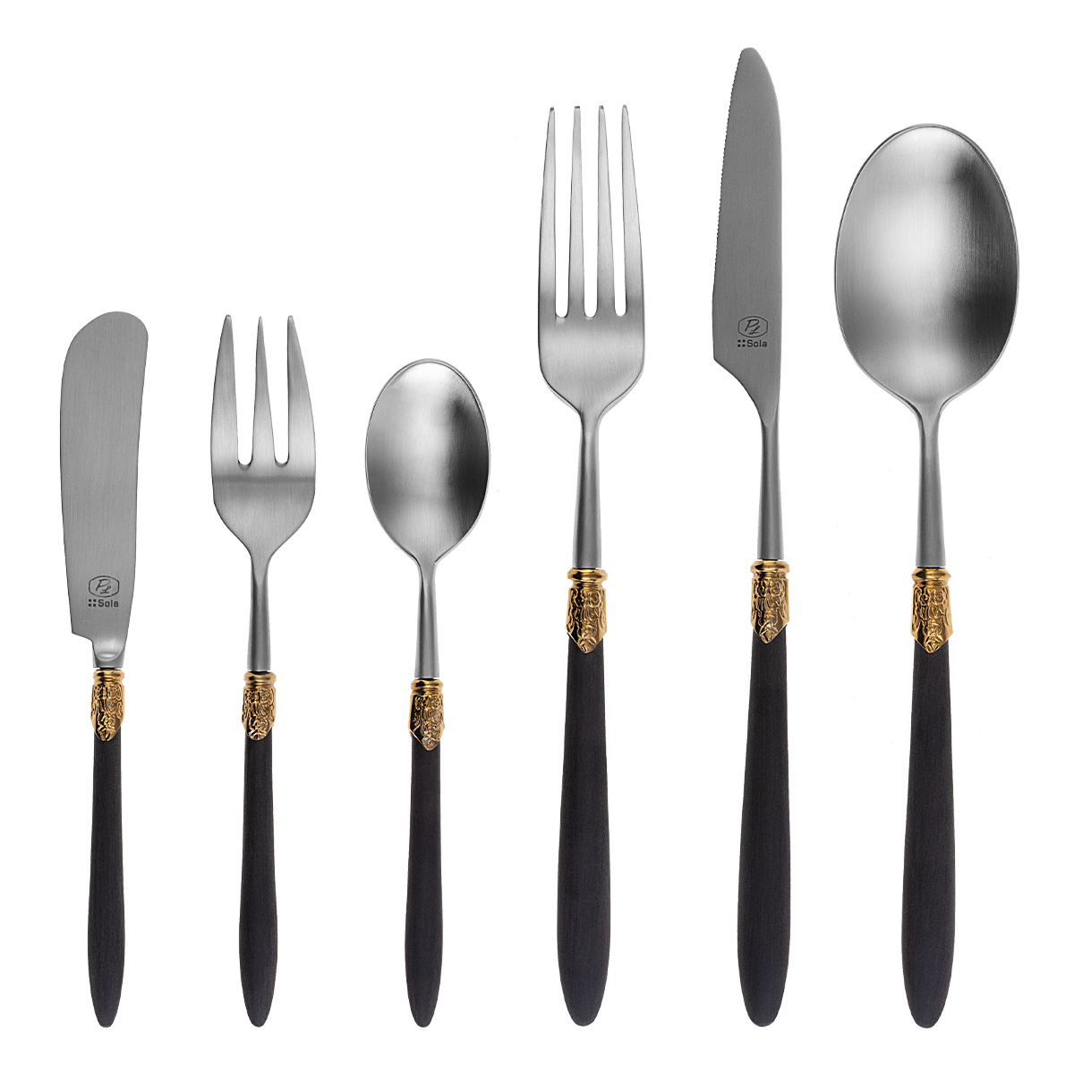 Set de couverts 36 pcs – Gaya Exeter Gold Ring manche noir mat