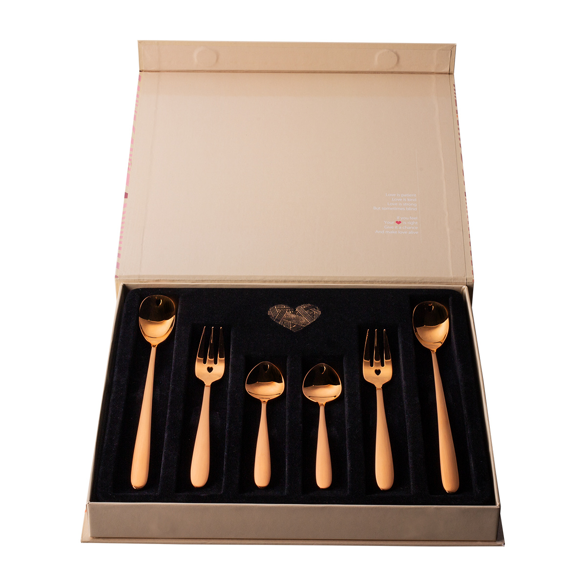 Coffret cadeau avec cœur 6 pièces or rose — Love Cutlery