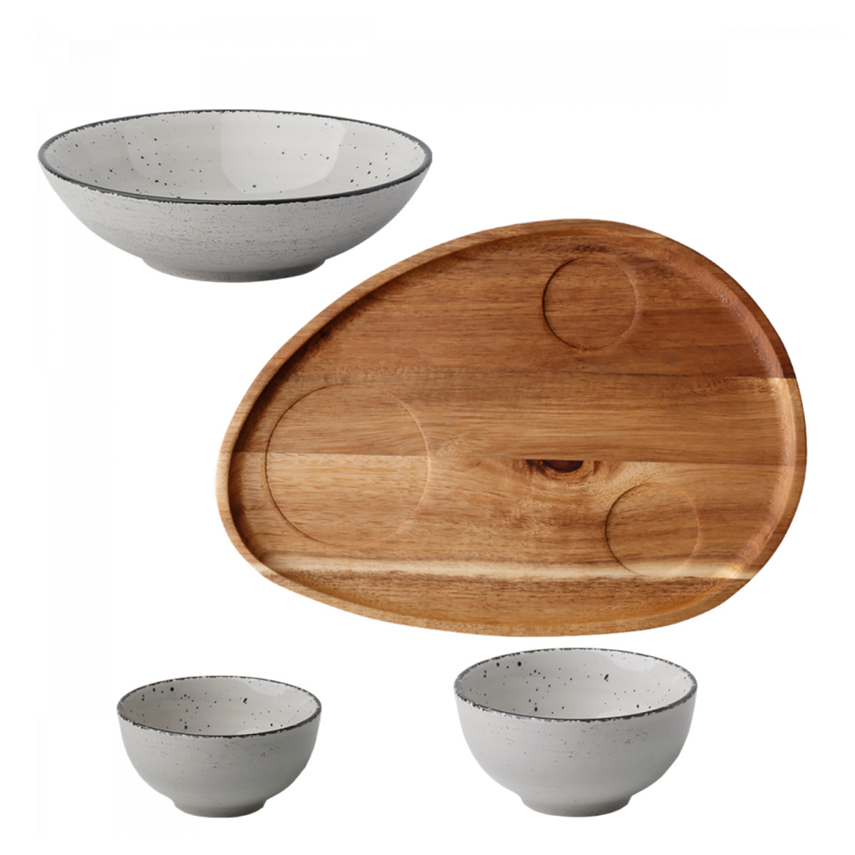 Ensemble de 4 tasses Flowl Gaya Atelier light grey speckled + Plateau Triangle en Acacia