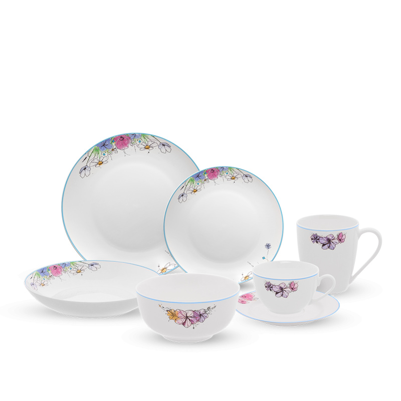 Et en porcelaine de 28 pièces Meadow Flowers avec bord bleu – Flow