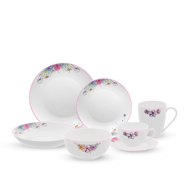 Et en porcelaine de 28 pièces Meadow Flowers avec bord rose – Flow