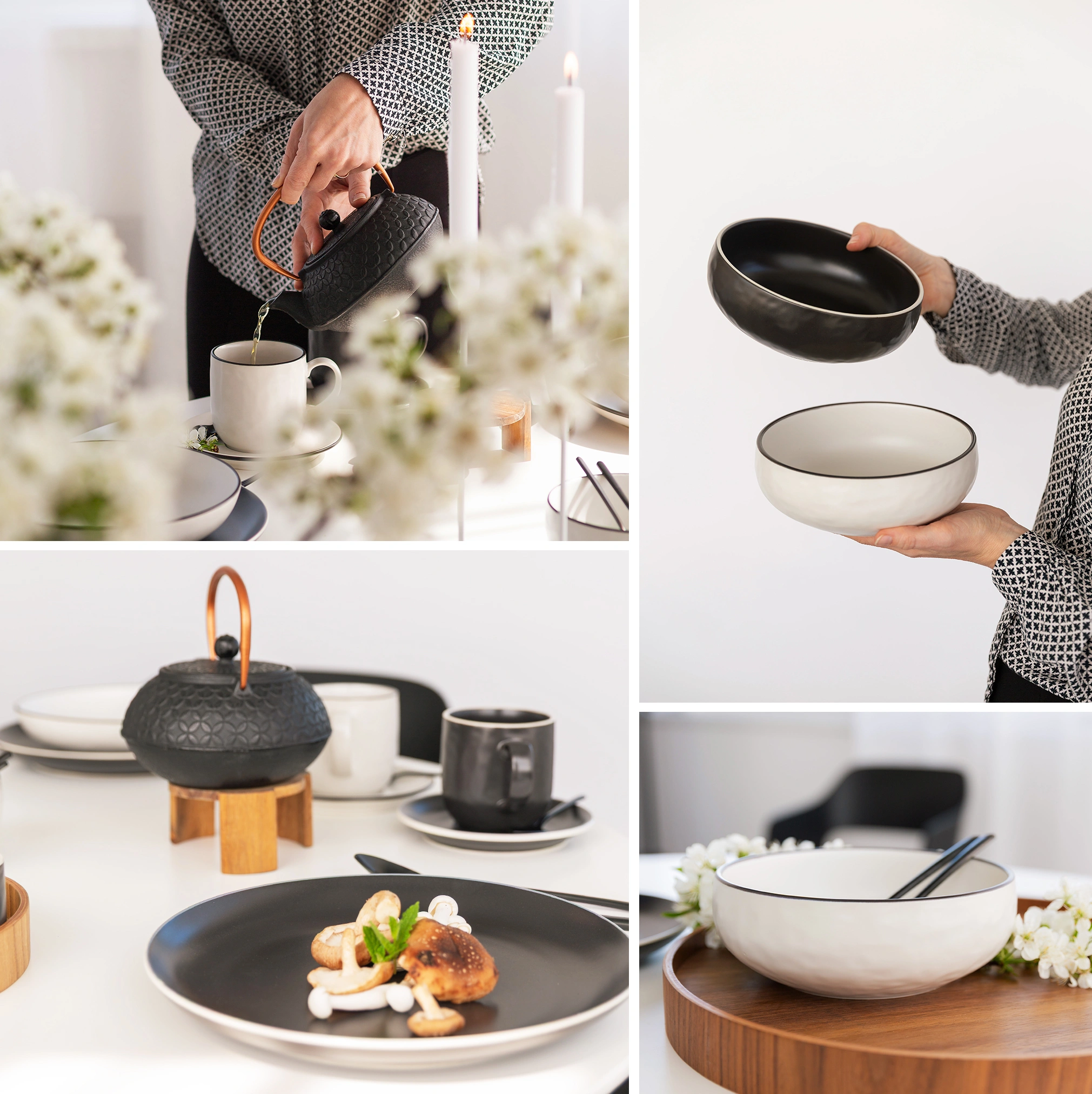 Collage de porcelaine noire et blanche, d’une théière et d’une table dressée