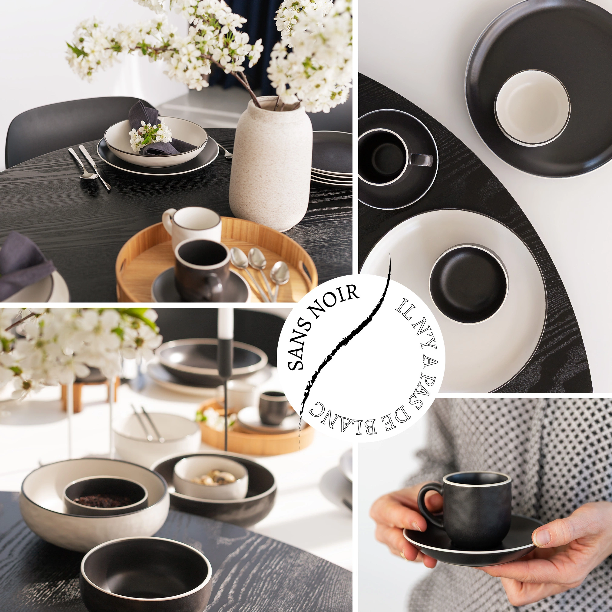 Collage de porcelaine blanche et noire avec le badge Sans noir, il n’y a pas de blanc