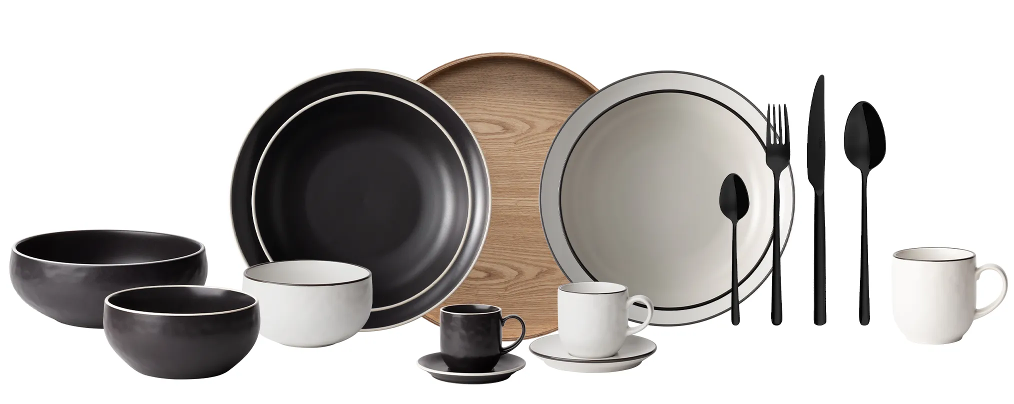 Ensemble de vaisselle noir et blanc avec couverts Calgary et plateau en bois