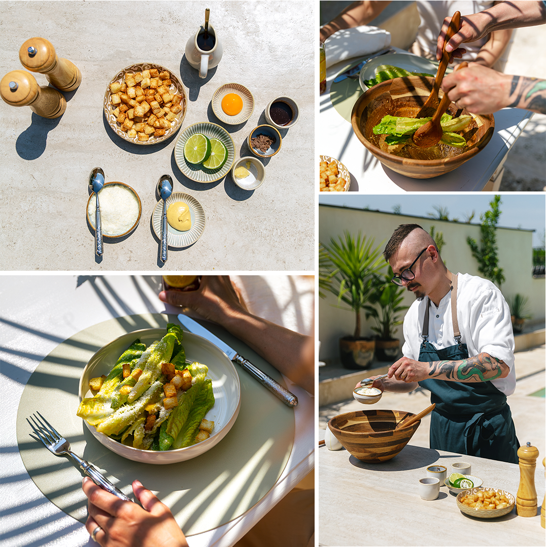 Collage de la préparation d’une salade César avec croûtons, ingrédients et un chef 