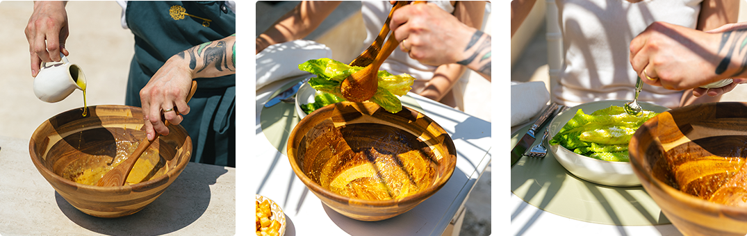 Collage des étapes de préparation de la salade César, du mélange de la vinaigrette jusqu’au service 
