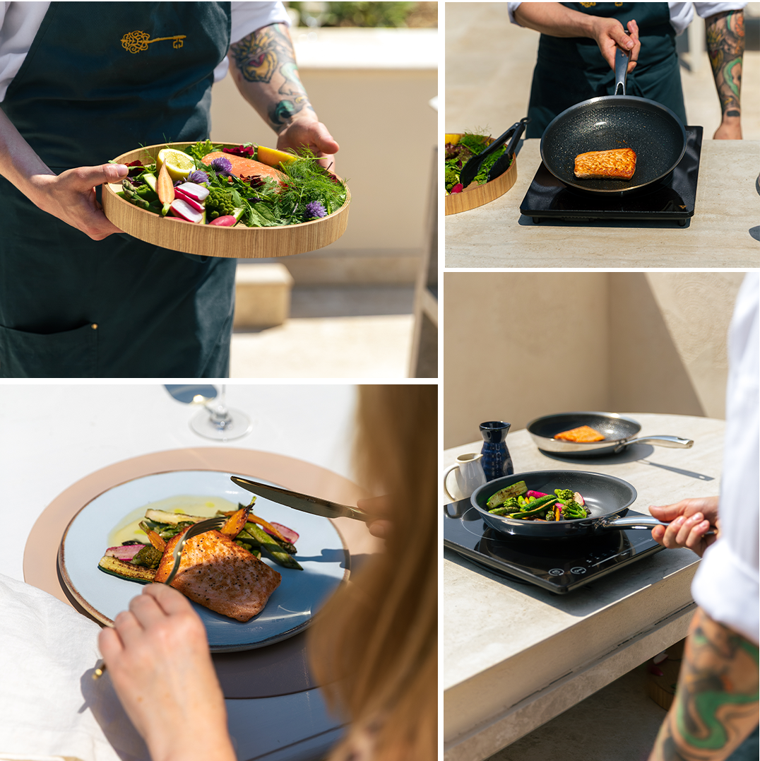 Collage de la préparation et du service du saumon grillé avec des légumes 