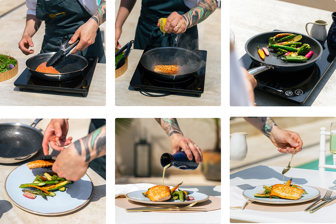Collage de la préparation du saumon grillé, de la cuisson jusqu’au service final 