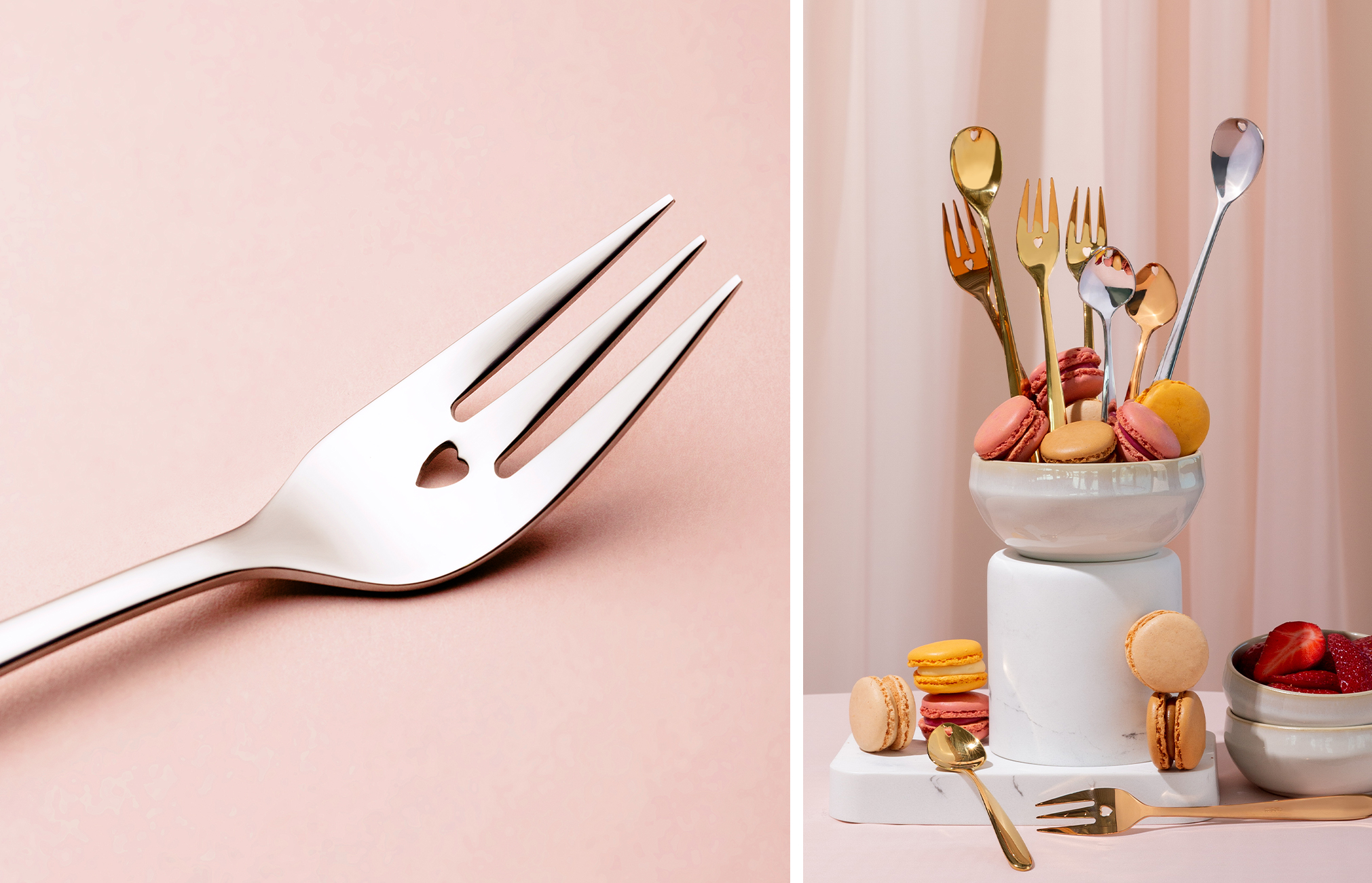 Collage avec le détail d’une fourchette ornée d’un cœur et des desserts accompagnés de couverts dorés 