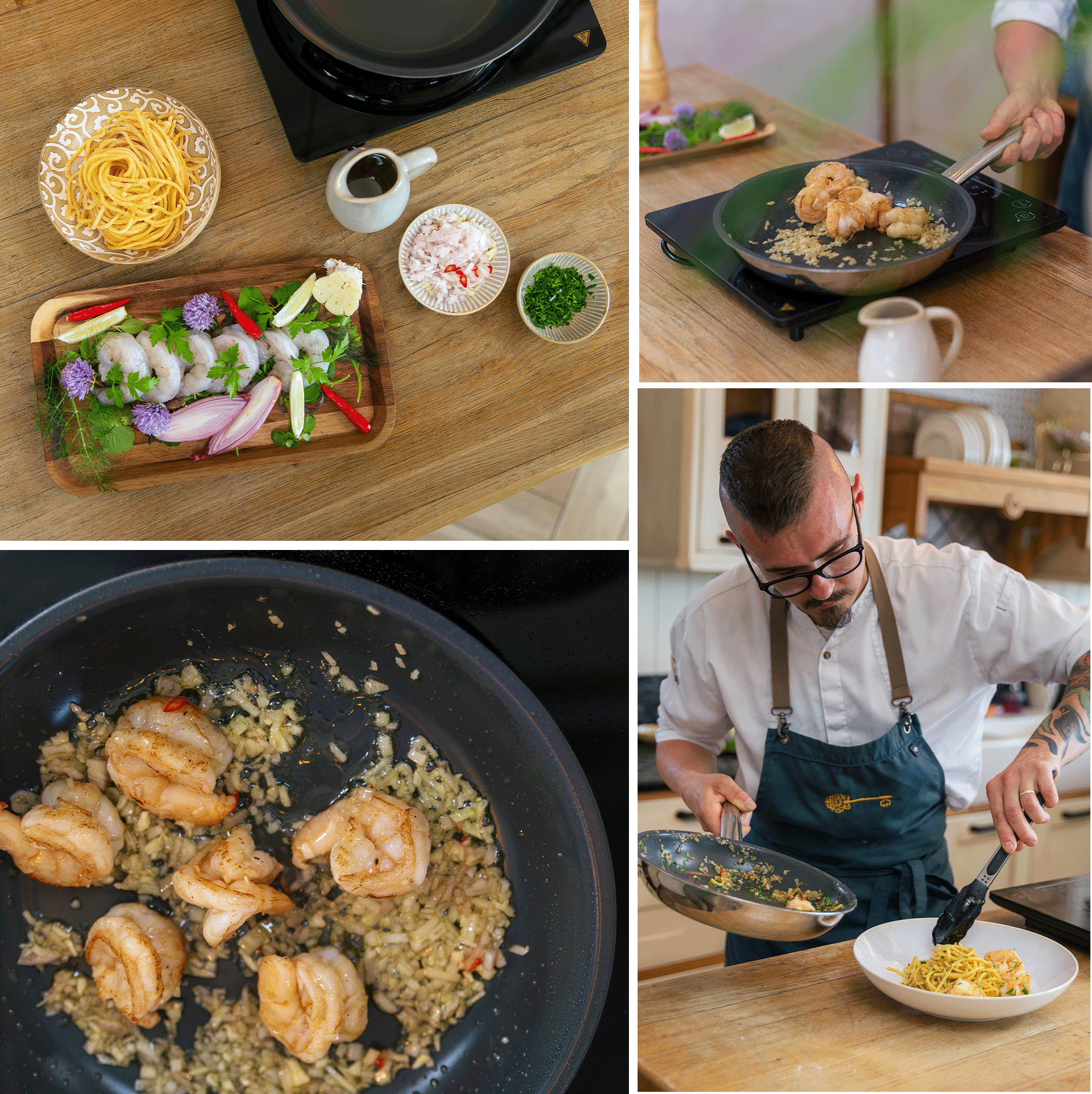 Collage de la préparation de spaghettis aux crevettes avec des ingrédients sur la table, des crevettes dans une poêle et un chef pendant le dressage 