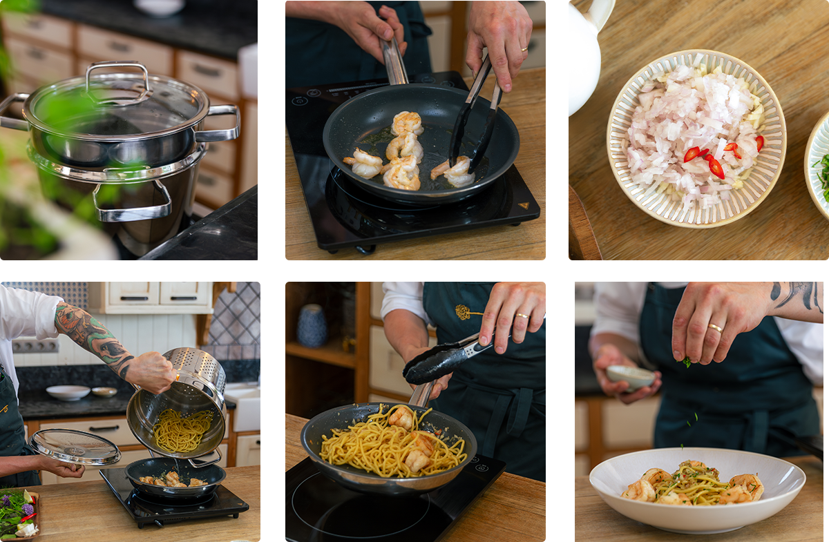 Étapes de préparation des spaghettis aux crevettes, de la cuisson des pâtes et des crevettes jusqu’au mélange dans la poêle et au dressage final 